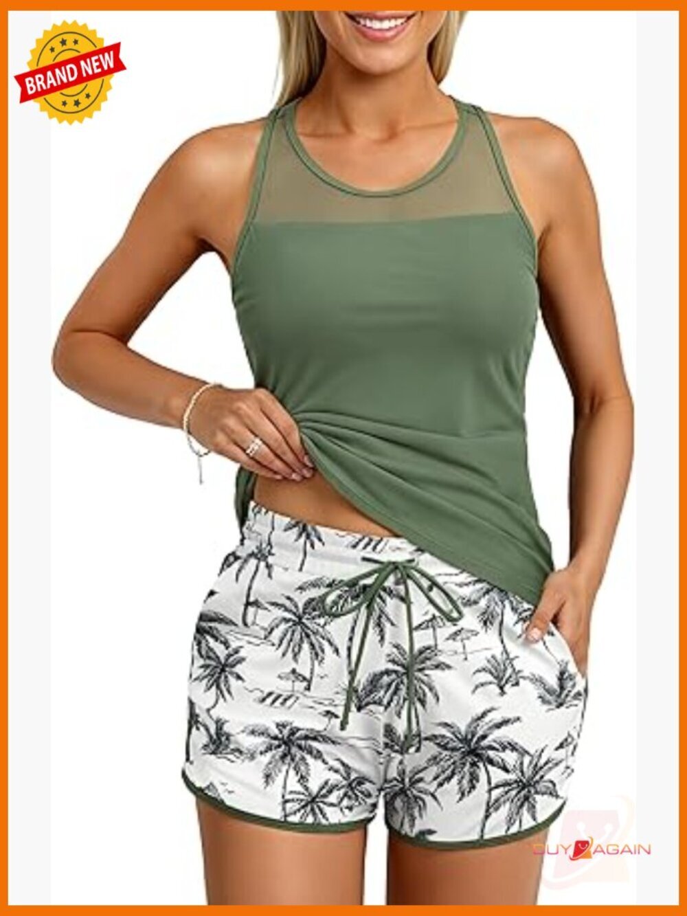 Women Tankini with Shorts - High Neck Two Piece Tummy Control Swimsuit with